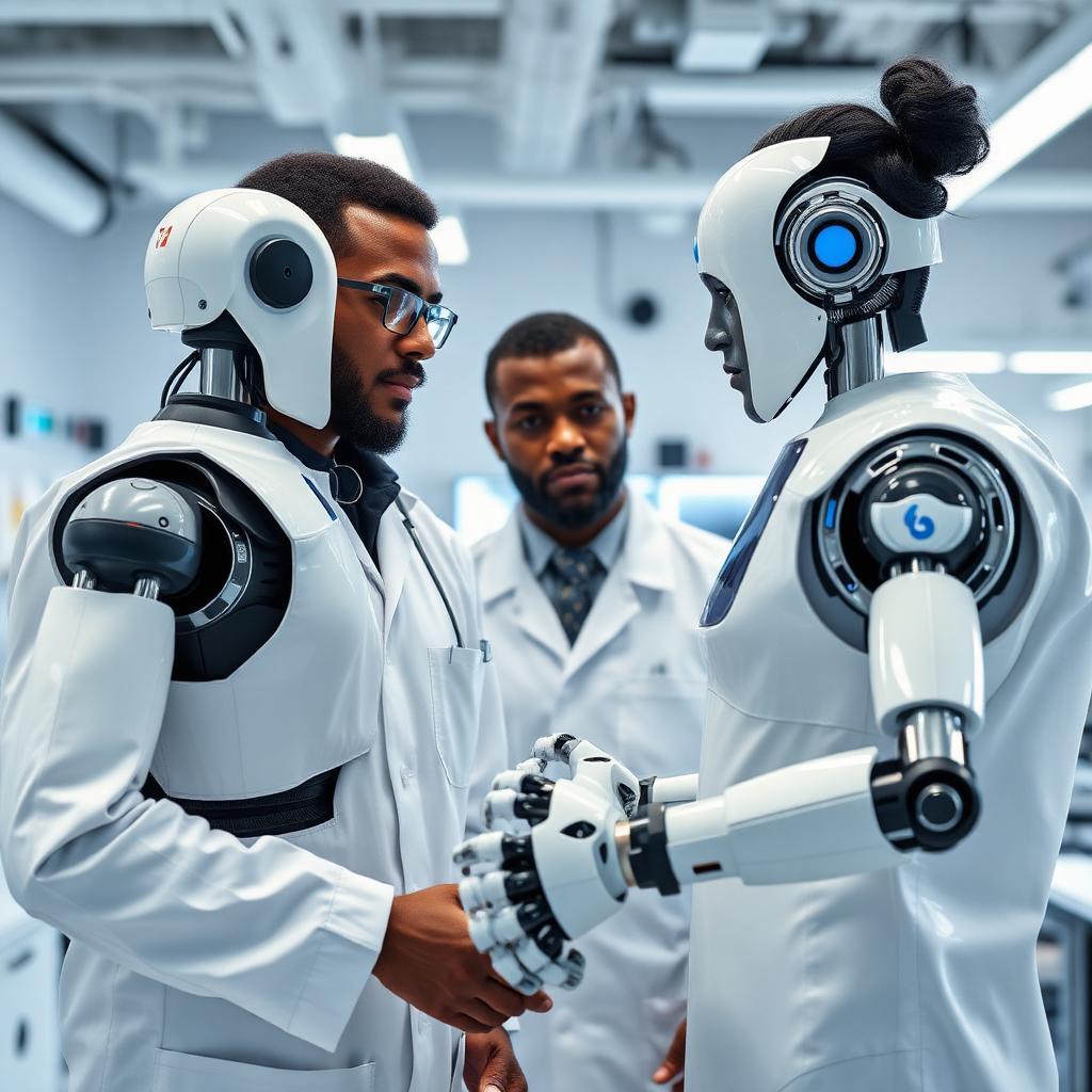 Humanoid robot and robotic arms in a research laboratory