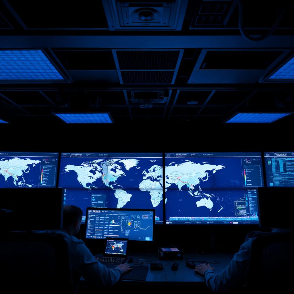 Cybersecurity operations centre with global threat monitors