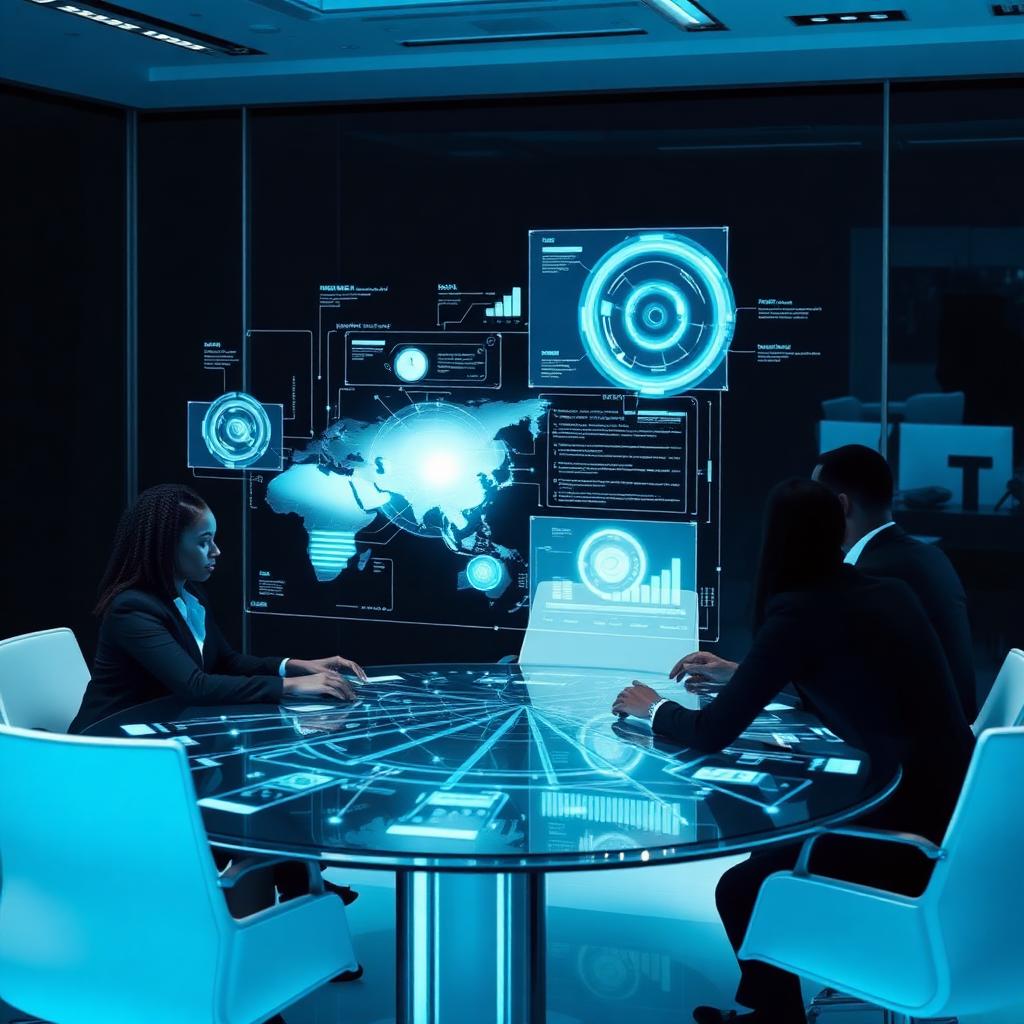 Team collaborating around a holographic AI dashboard
