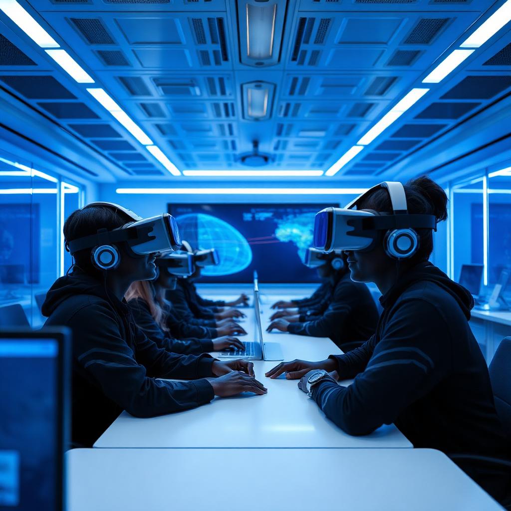 Students using VR headsets in a futuristic smart classroom
