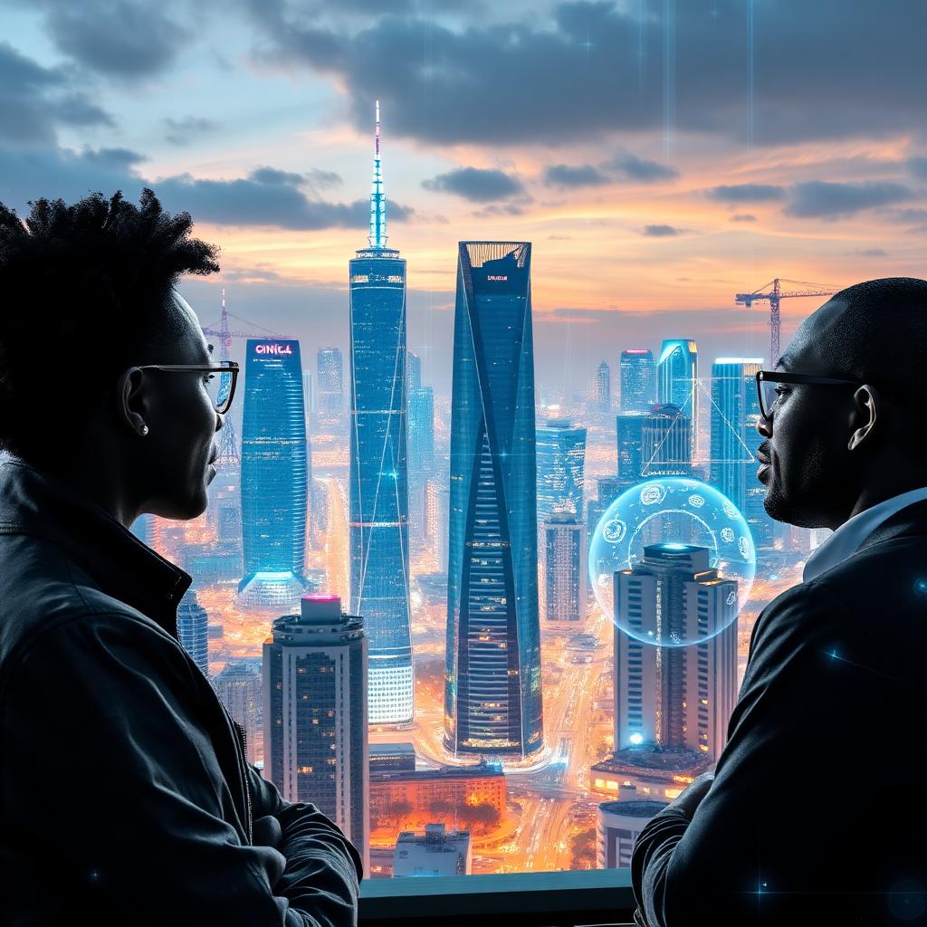 Futuristic smart city skyline with digital governance overlays